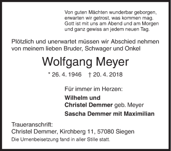 Traueranzeige von Wolfgang Meyer von Siegener Zeitung