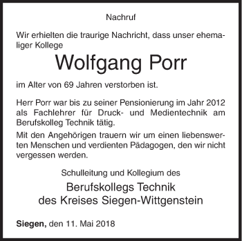 Traueranzeige von Wolfgang Porr von Siegener Zeitung