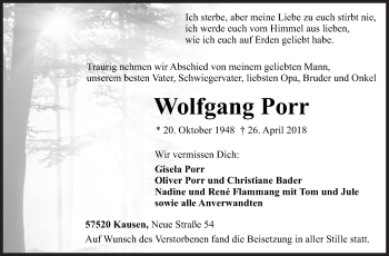 Traueranzeige von Wolfgang Porr von Siegener Zeitung