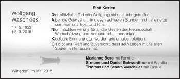 Traueranzeige von Wolfgang Waschkies von Siegener Zeitung
