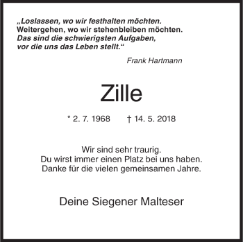 Traueranzeige von Zille  von Siegener Zeitung