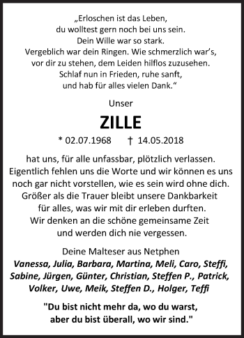 Traueranzeige von Zille  von Siegener Zeitung