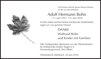 Traueranzeige von Adolf Hermann Bohn von Siegener Zeitung