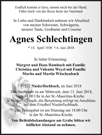 Traueranzeige von Agnes Schlechtingen von Siegener Zeitung