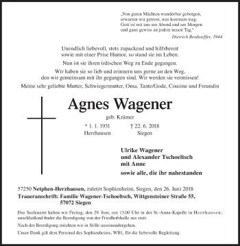 Traueranzeige von Agnes Wagener von Siegener Zeitung