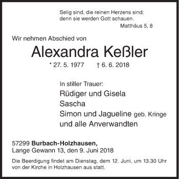 Traueranzeige von Alexandra Keßler von Siegener Zeitung