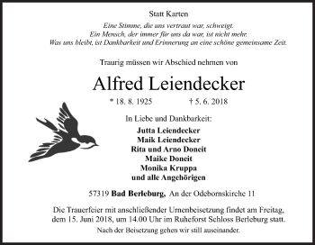 Traueranzeige von Alfred Leiendecker von Siegener Zeitung
