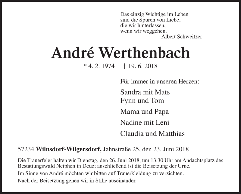  Traueranzeige für André Werthenbach vom 23.06.2018 aus Siegener Zeitung