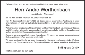 Traueranzeige von André Werthenbach von Siegener Zeitung