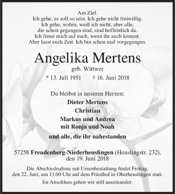 Traueranzeige von Angelika Mertens von Siegener Zeitung