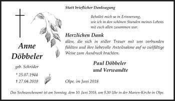 Traueranzeige von Anne Döbbeler von Siegener Zeitung