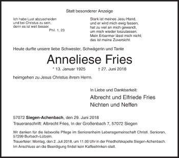 Traueranzeige von Anneliese Fries von Siegener Zeitung