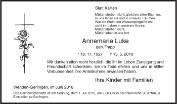 Traueranzeige von Annemarie Luke von Siegener Zeitung