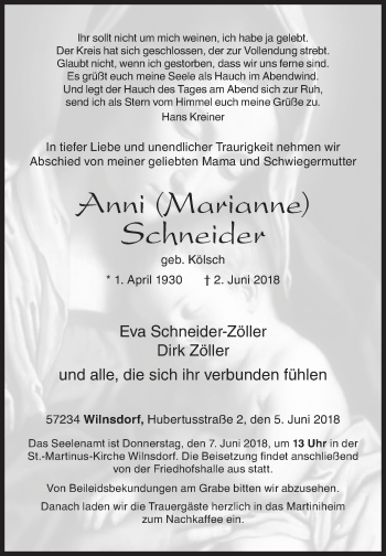 Traueranzeige von Anni Schneider von Siegener Zeitung