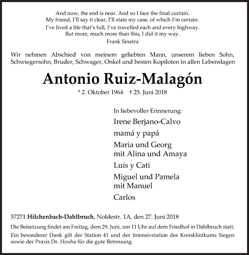  Traueranzeige für Antonio Ruiz-Malagon vom 27.06.2018 aus Siegener Zeitung