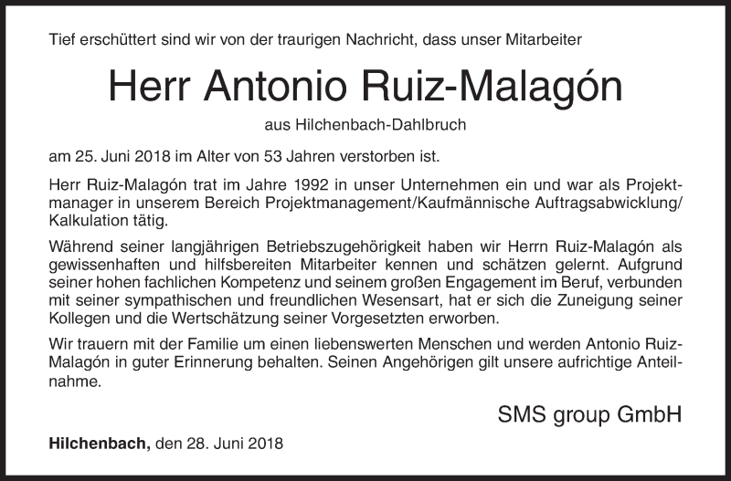  Traueranzeige für Antonio Ruiz-Malagon vom 28.06.2018 aus Siegener Zeitung