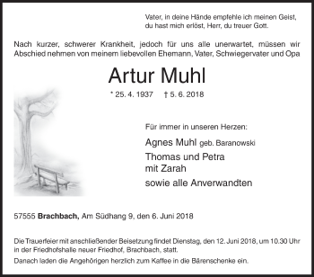 Traueranzeige von Artur Muhl von Siegener Zeitung