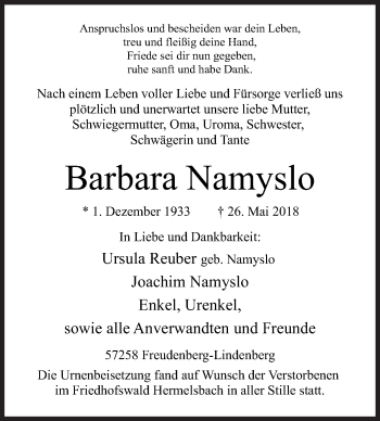 Traueranzeige von Barbara Namyslo von Siegener Zeitung