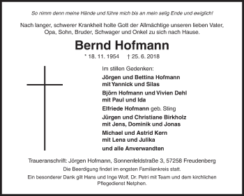 Traueranzeige von Bernd Hofmann von Siegener Zeitung