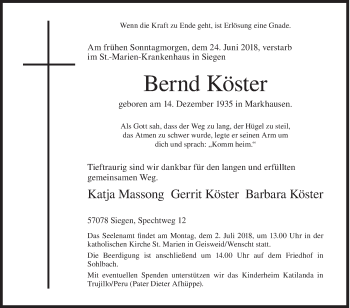 Traueranzeige von Bernd Köster von Siegener Zeitung