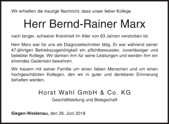Traueranzeige von Bernd-Rainer Marx von Siegener Zeitung