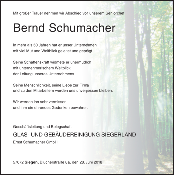 Traueranzeige von Bernd Schumacher von Siegener Zeitung