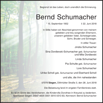 Traueranzeige von Bernd Schumacher von Siegener Zeitung