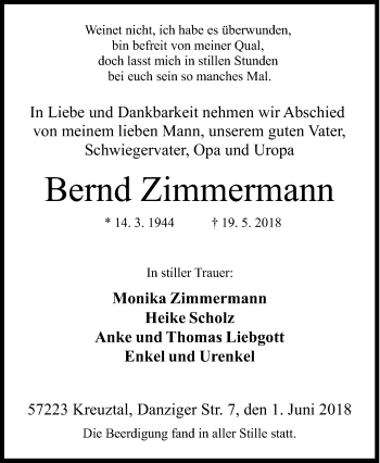 Traueranzeige von Bernd Zimmermann von Siegener Zeitung