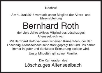 Traueranzeige von Bernhard Roth von Siegener Zeitung