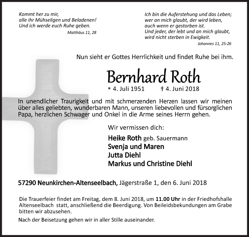 Traueranzeige für Bernhard Roth vom 06.06.2018 aus Siegener Zeitung