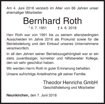 Traueranzeige von Bernhard Roth von Siegener Zeitung