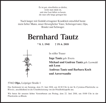 Traueranzeige von Bernhard Tautz von Siegener Zeitung