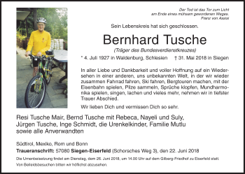 Traueranzeige von Bernhard Tusche von Siegener Zeitung