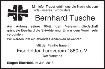 Traueranzeige von Bernhard Tusche von Siegener Zeitung