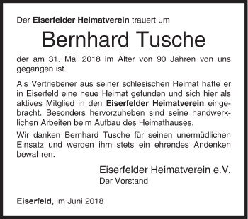 Traueranzeige von Bernhard Tusche von Siegener Zeitung