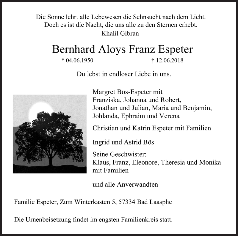  Traueranzeige für Bernhard Aloys Franz Espeter vom 16.06.2018 aus Siegener Zeitung