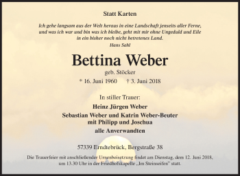 Traueranzeige von Bettina Weber von Siegener Zeitung