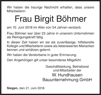Traueranzeige von Birgit Böhmer von Siegener Zeitung