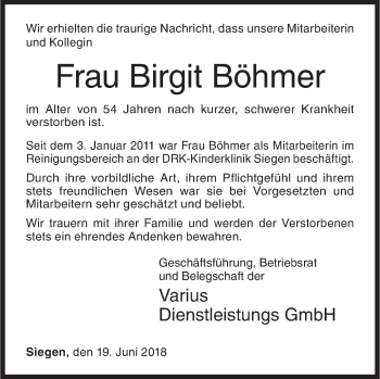 Traueranzeige von Birgit Böhmer von Siegener Zeitung