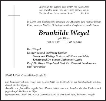 Traueranzeige von Brunhilde Weyel von Siegener Zeitung