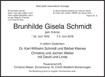 Traueranzeige von Brunhilde Gisela Schmidt von Siegener Zeitung