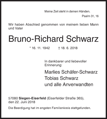 Traueranzeige von Bruno-Richard Schwarz von Siegener Zeitung