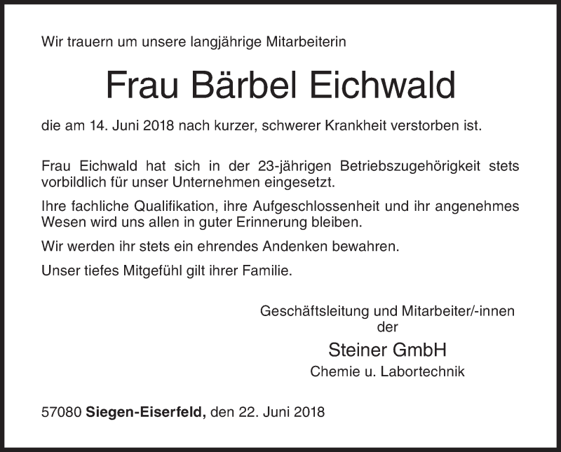  Traueranzeige für Bärbel Eichwald vom 22.06.2018 aus Siegener Zeitung