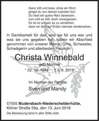 Traueranzeige von Christa Winnebald von Siegener Zeitung