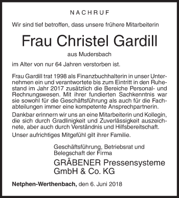 Traueranzeige von Christel Gardill von Siegener Zeitung