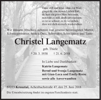 Traueranzeige von Christel Langematz von Siegener Zeitung