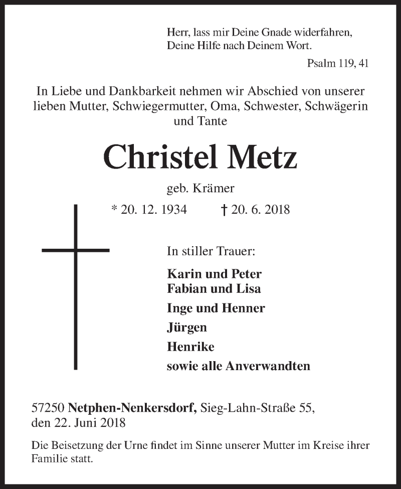  Traueranzeige für Christel Metz vom 22.06.2018 aus Siegener Zeitung
