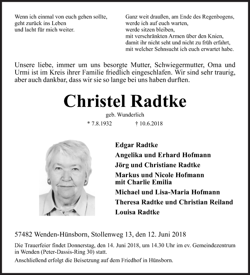  Traueranzeige für Christel Radtke vom 12.06.2018 aus Siegener Zeitung
