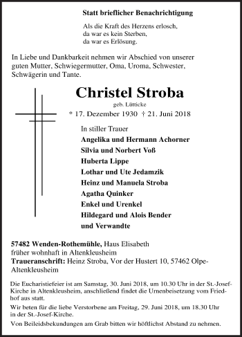 Traueranzeige von Christel Stroba von Siegener Zeitung