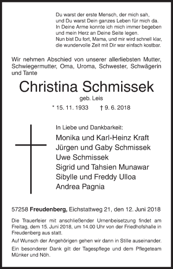 Traueranzeige von Christina Schmissek von Siegener Zeitung